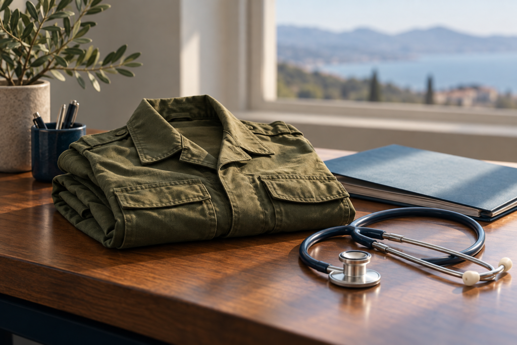 Giacca militare priva di distintivi accanto a documentazione sanitaria e stetoscopio.